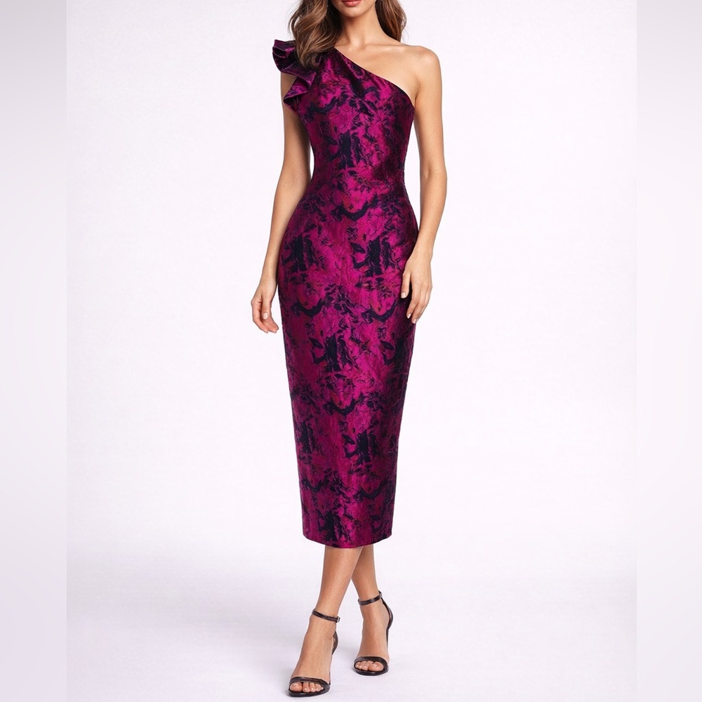 Pamella Roland Pink Navy Blue One Shoulder Floral Jacquard Evening Column Gown
